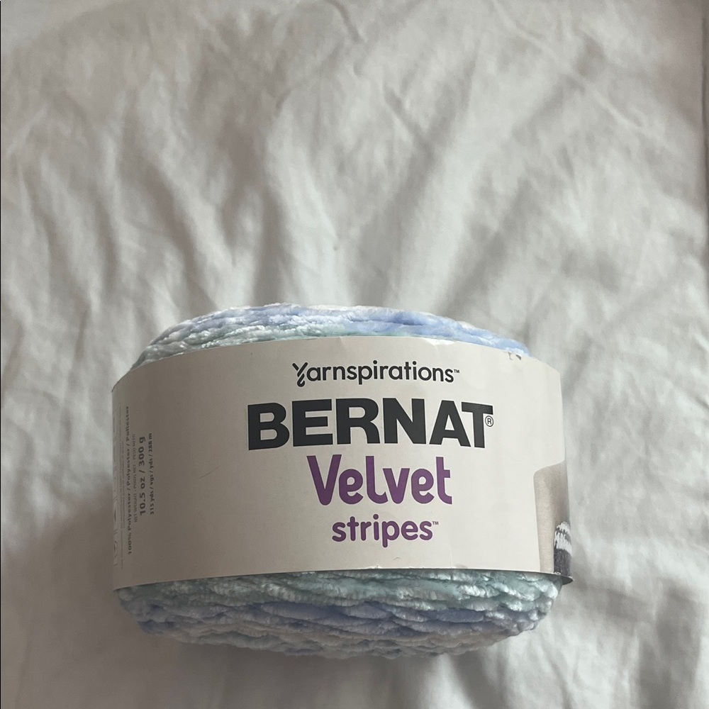 Bernat Velvet Stripes Yarn in Blue and White